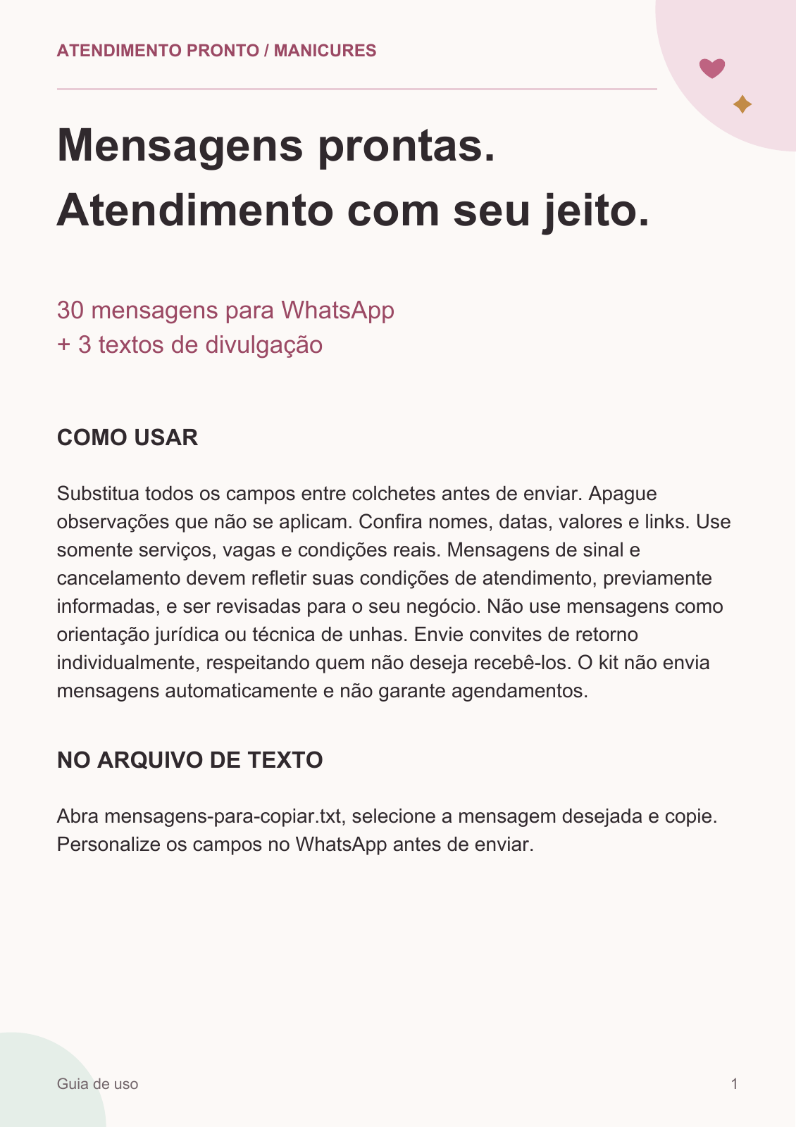 Página real do kit: Mensagens prontas. Atendimento com seu jeito.